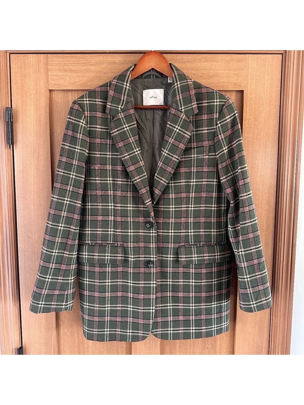 Aritzia Wilfred Destiny Blazer Wool Blend Olive & Pink Plaid Women’s size Small